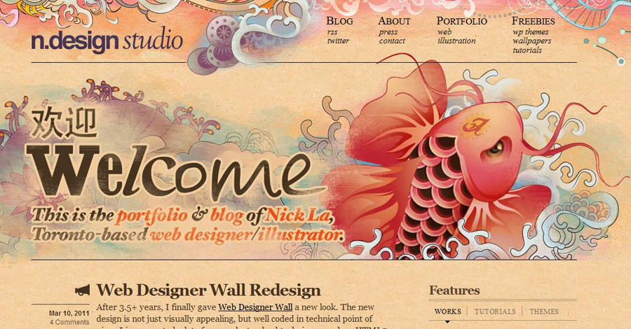 N.Design Studio - Portfolio and blog combination - Toronto based designer and illustrator ( 25 Beautiful Portfolio Designs that will make you rethink your Portfolio )